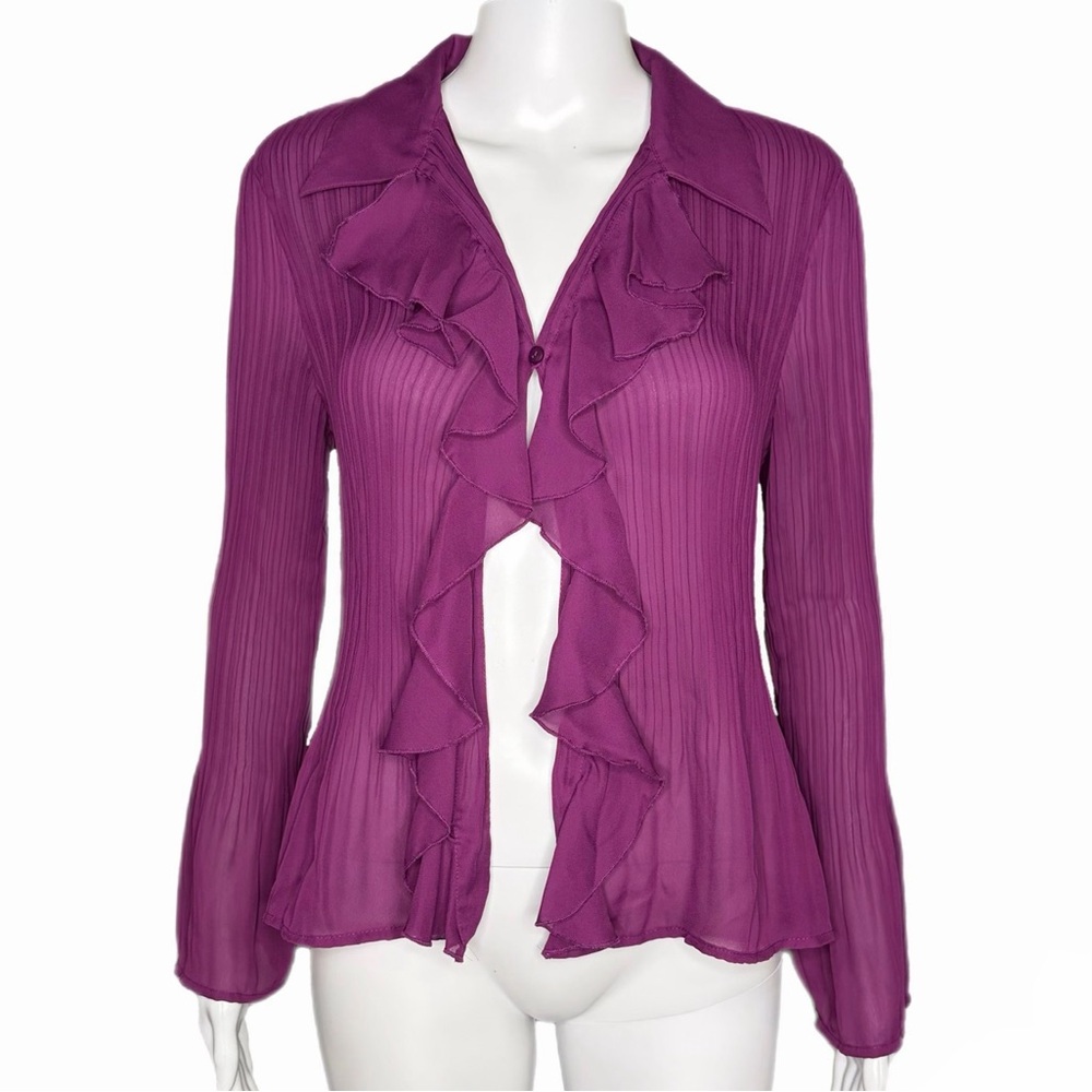 Sunny Leigh Purple Long-Sleeved Plissé Ruffled Blouse Y2K Retro 90s